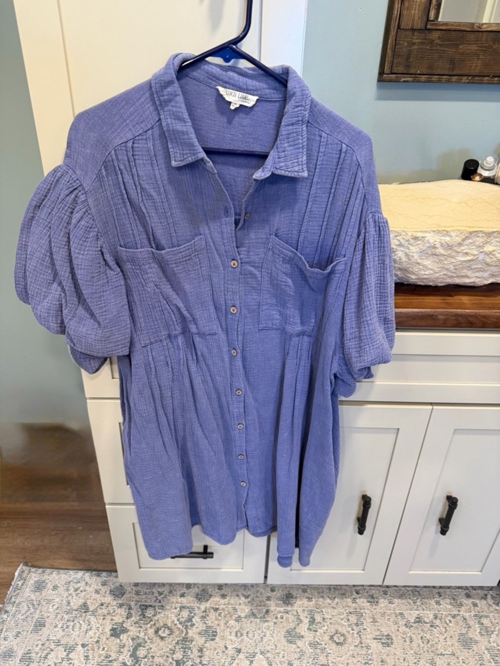 Blue Gauze Button-Front Puff Sleeve dress slightly above knee NWOT